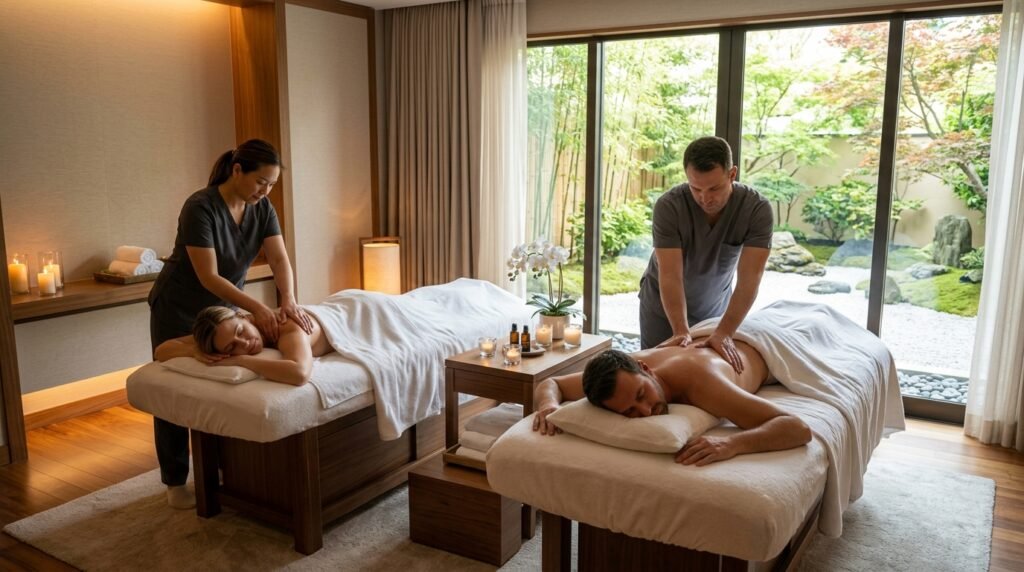 Couples enjoying spa massage