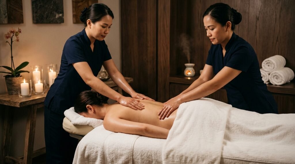 Four hands massage in spa