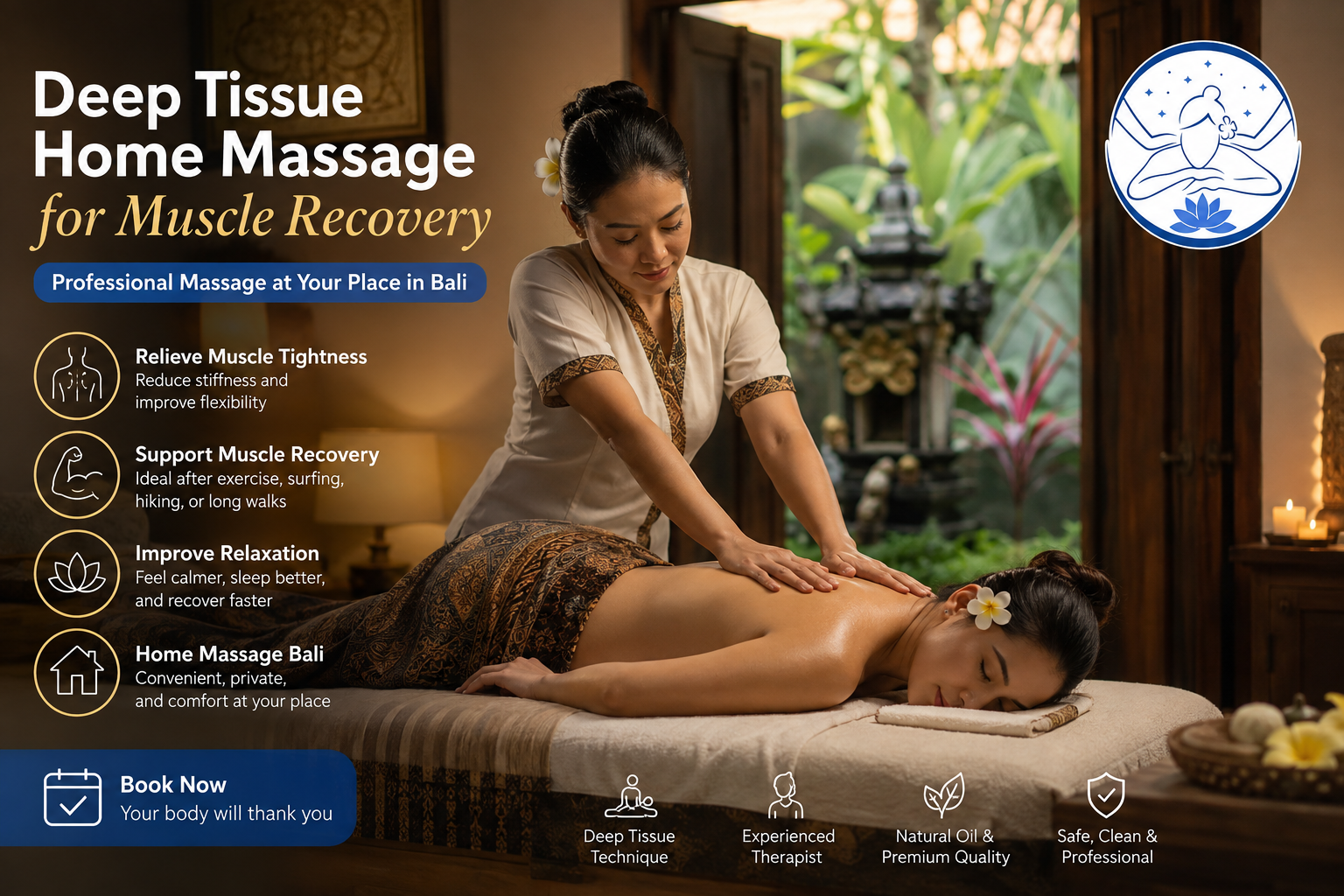 Deep tissue home massage in Bali for muscle recovery after exercise, surfing, hiking, and physical activity