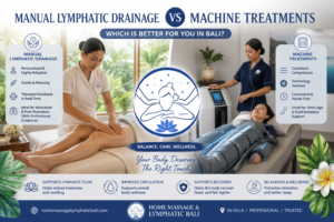 Manual Lymphatic Drainage vs Machine Treatments in Bali showing a therapist and compression machine treatment