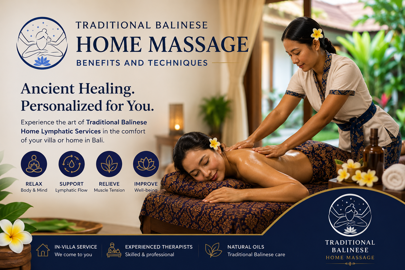 Traditional Balinese home massage and lymphatic services in Bali with a peaceful wellness logo